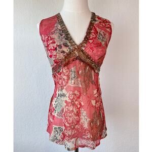 Vintage Y2K Charlotte Russe Sheer Floral Beaded Tank Top V Neck size Medium